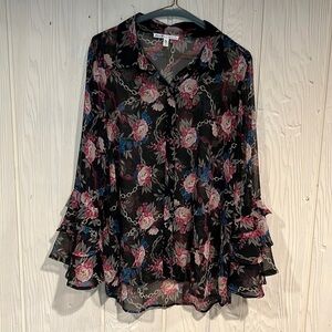Seven 7 Floral Sheer Long Sleeve Blouse Medium